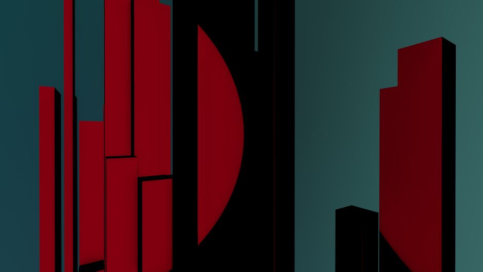 Composición abstracta dinámica con formas geométricas rojas sobre un fondo oscuro.