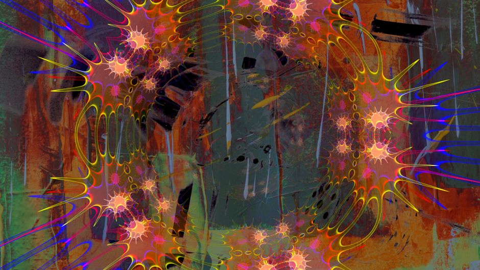 Arte abstracta colorida con patrones psicodélicos y colores vibrantes que crean una experiencia visual dinámica.