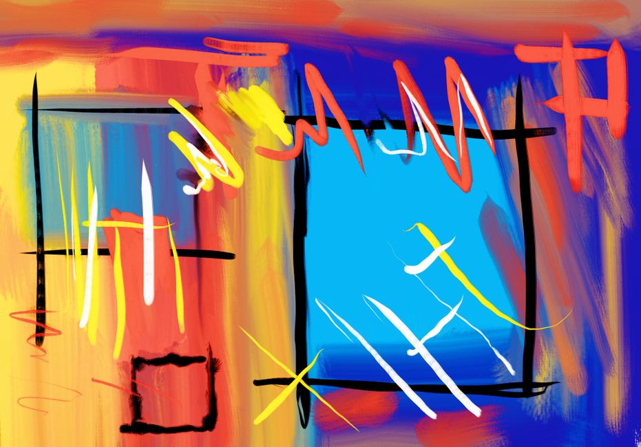 Pintura abstracta dinámica con colores audaces y pinceladas expresivas, perfecta para amantes del arte moderno.