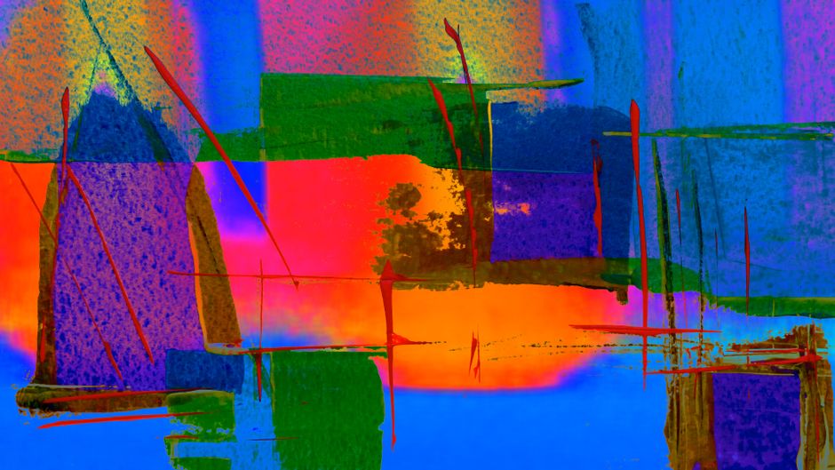 Pintura abstracta dinámica con patrones y texturas multicolores vibrantes.