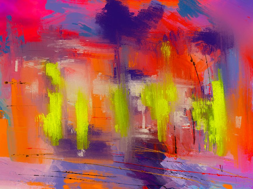 Explora la composición vibrante y dinámica de esta pintura abstracta contemporánea, con colores brillantes y pinceladas expresivas.