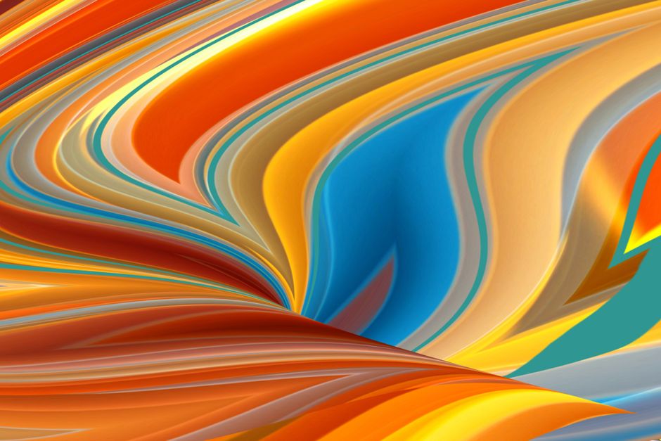 Imagen abstracta dinámica con remolinos y ondas vibrantes en tonos naranja, azul y amarillo.