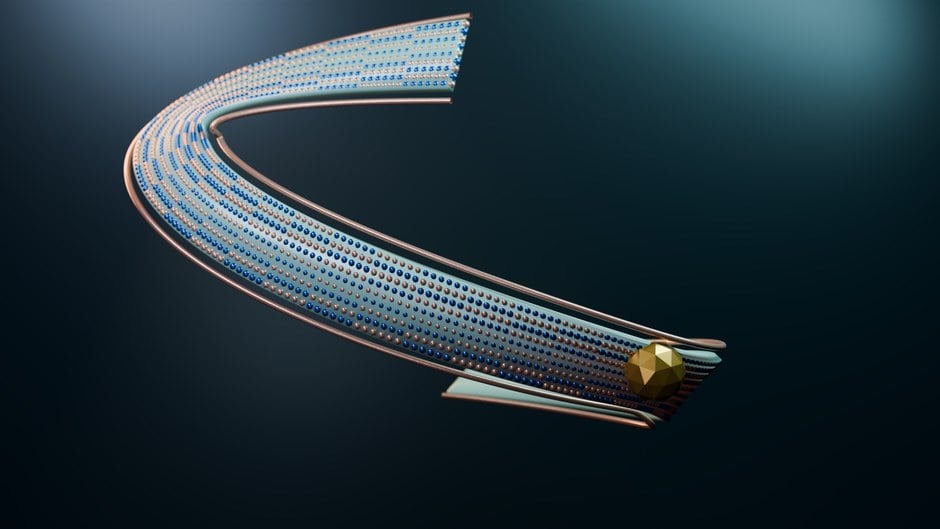 Una escena abstracta renderizada en 3D con una estructura metálica curva y una forma poligonal dorada.