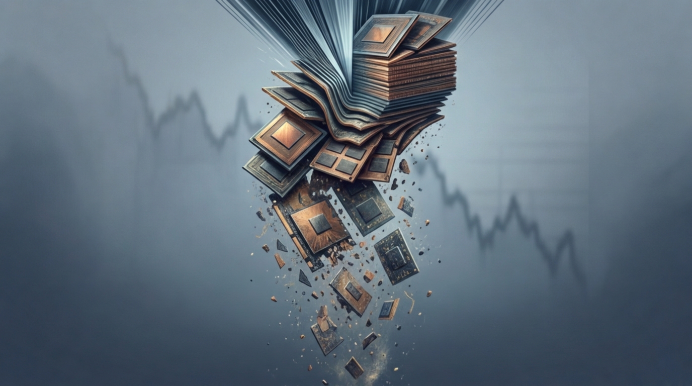 Ilustración editorial conceptual que muestra una cascada de módulos de memoria de Micron, comprimiéndose y desmoronándose como papel, con un gráfico bursátil cayendo al fondo, representando la compresión de datos por IA y el desplome de las acciones.