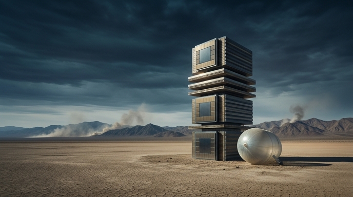 Estructura de microchips en el desierto con humo a lo lejos, simbolizando el éxito de Micron amenazado por la geopolítica.