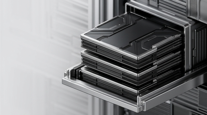 Un primer plano de módulos de memoria HBM de Micron apilados en una bandeja metálica, listos para la infraestructura de IA.