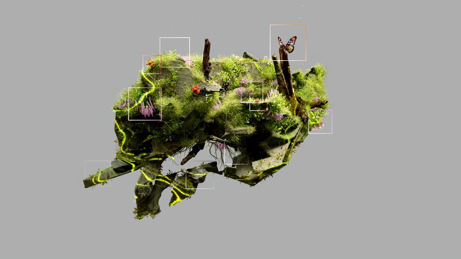 Ecosistema abstracto renderizado en 3D que representa la simbiosis entre naturaleza y tecnología.