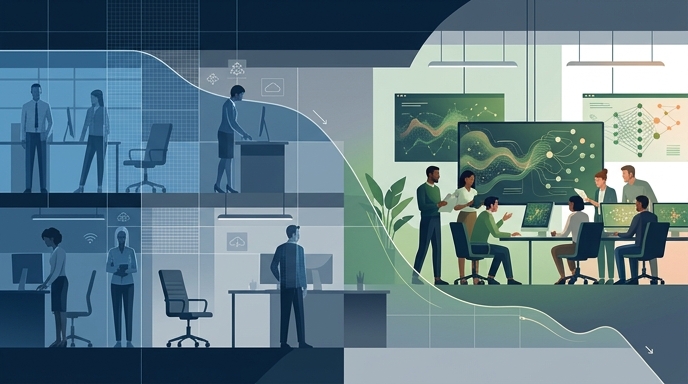 Ilustración de oficinas divididas: la izquierda fría y vacía (congelación), la derecha activa y enfocada en IA (contratación).