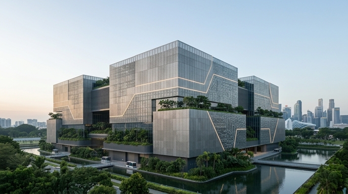 Un centro de datos moderno y sostenible integrado en un entorno urbano tropical de Singapur.