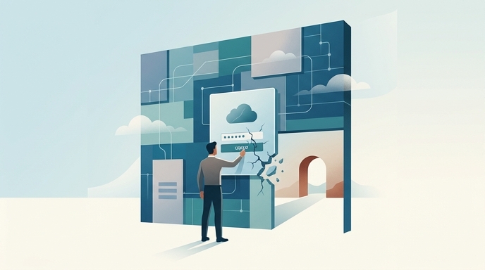 Un hombre rompe una pared digital con un inicio de sesión en la nube, revelando un camino abierto y sin restricciones.