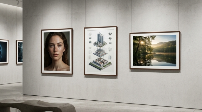 Exposición en galería de imágenes fotorrealistas e infografías nítidas, destacando calidad y detalle.