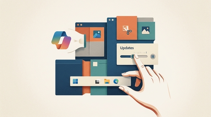 Ilustración de estilo editorial que representa a una mano reconfigurando elementos visuales de la interfaz de Windows 11.