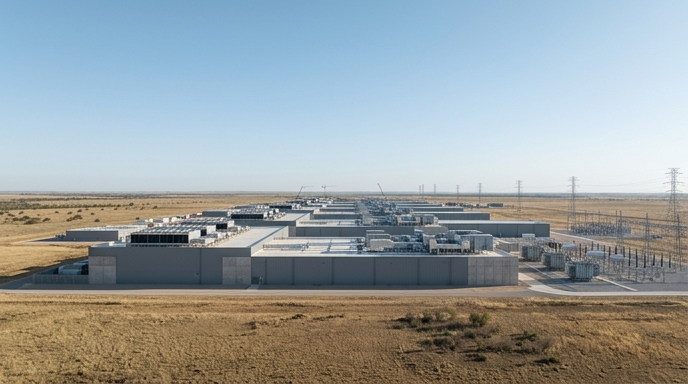 Vista aérea de un gran centro de datos en un paisaje árido y plano de Texas, con líneas eléctricas y grúas de construcción.
