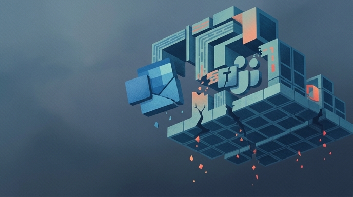 Ilustración editorial de una estructura digital rota en azul y coral, que simboliza la caída de los servicios de Microsoft.