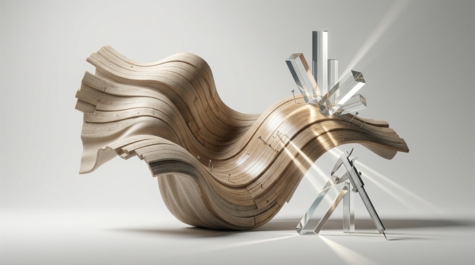 Escultura abstracta que combina formas de madera orgánica con estructuras de cristal geométricas y herramientas de precisión.
