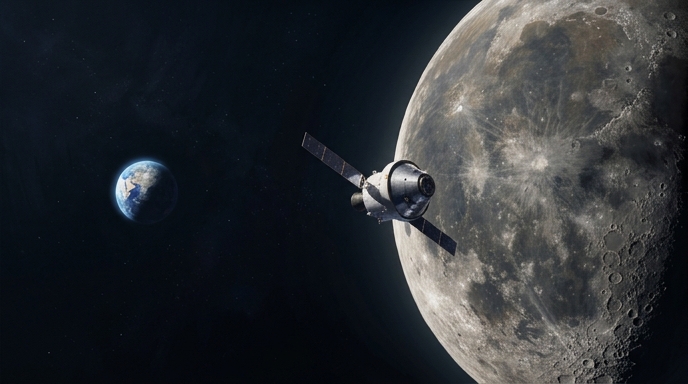Una nave espacial Orion viaja por el espacio hacia una Luna grande y detallada, con una Tierra pequeña en la distancia.