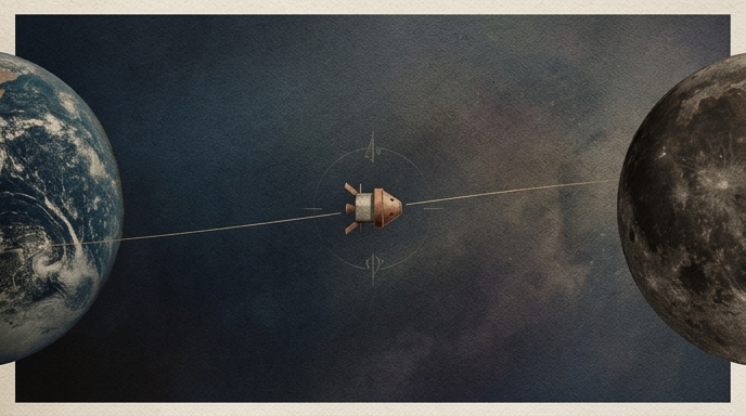 ilustración artística de la cápsula Orion de Artemis II exactamente a mitad de camino entre la Tierra y la Luna.