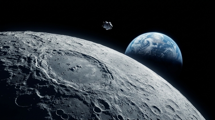 Vista orbital de la superficie lunar craterizada con la cápsula Orion y la Tierra al fondo.