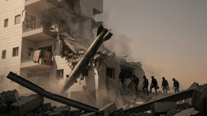 Un misil clavado en un edificio residencial colapsado mientras los equipos de rescate avanzan entre los escombros.