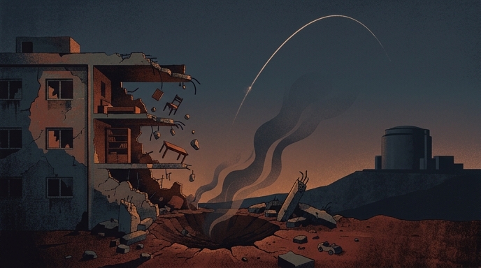 Ilustración editorial de un edificio de apartamentos colapsado de noche cerca de un centro nuclear tras impacto de misil.