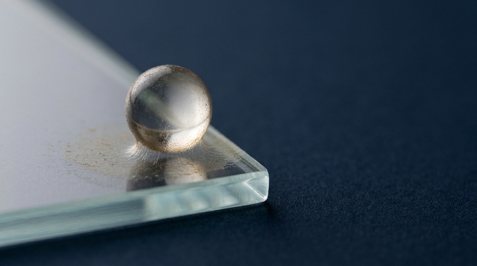 Fotografía macro de una esfera de vidrio sobre una placa, mostrando la 'suciedad' microscópica que causa electricidad estática.
