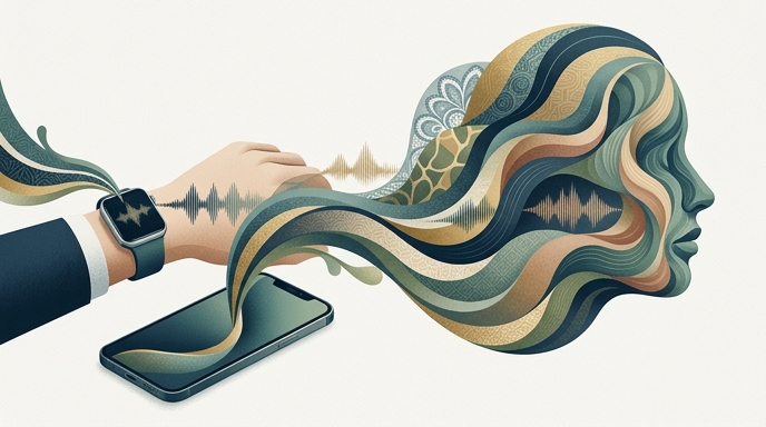 Ilustración de ondas sonoras que salen de un reloj y un móvil para formar una silueta humana de múltiples texturas.