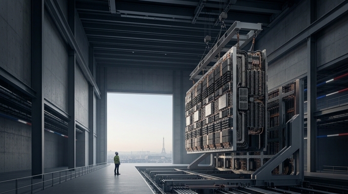 Un centro de datos cerca de París en construcción, con una gran unidad de servidor siendo levantada y la Torre Eiffel de fondo.