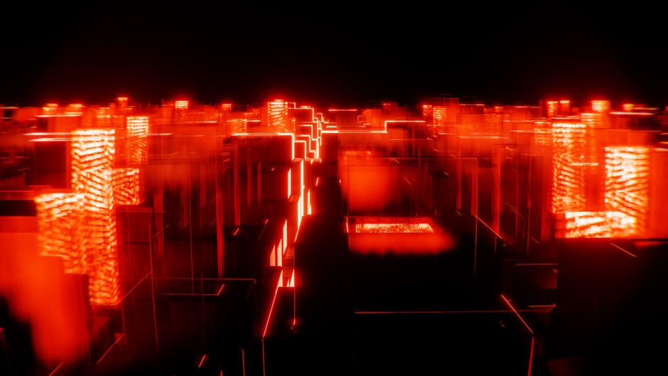 Luces de neón vívidas crean un paisaje urbano abstracto, capturando una vibra futurista.