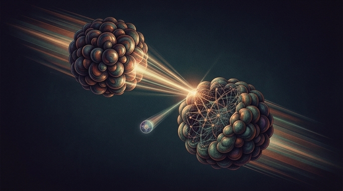 Ilustración de dos núcleos atómicos rozándose, generando fotones que interactúan con la estructura interna.