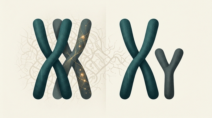 Ilustración editorial de cromosomas sexuales: un par XX con uno resaltado y un par XY, sobre un fondo minimalista.