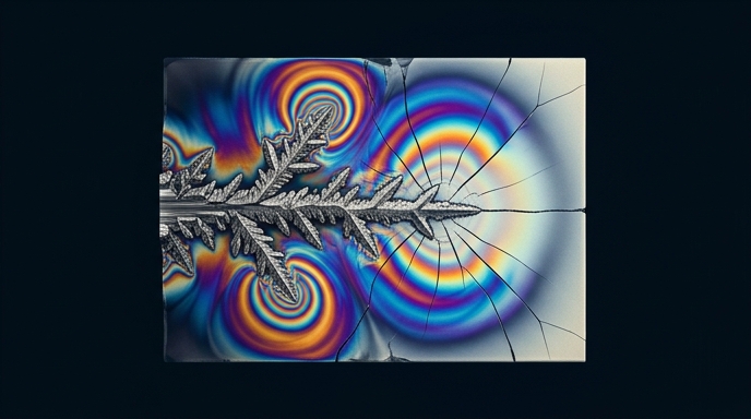 Micrografía de microscopía de birrefringencia que muestra dendritas metálicas y patrones de estrés en forma de arco iris dentro de un electrolito de batería de estado sólido.