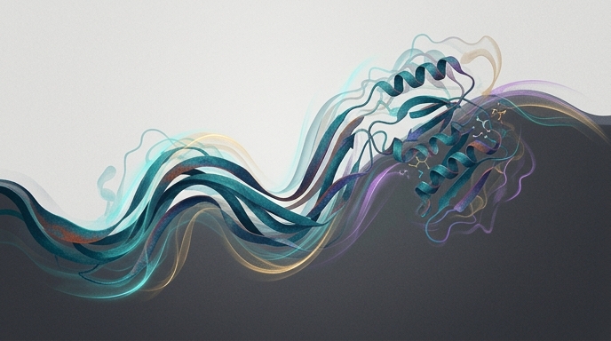 Ilustración editorial que muestra una proteína en movimiento, con líneas fluidas y superpuestas que representan vibraciones.