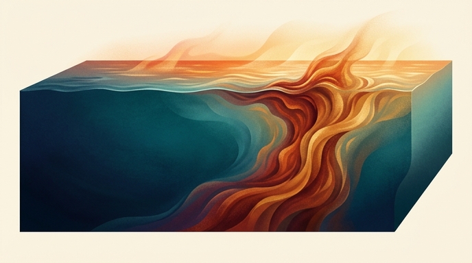 Ilustración de un corte del océano Pacífico mostrando el calentamiento subsuperficial masivo que impulsa un súper El Niño.