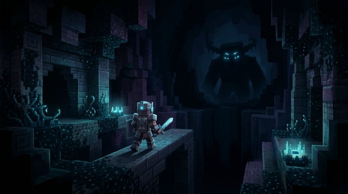 Un héroe solitario de Minecraft Dungeons se adentra en el Deep Dark, enfrentándose a la colosal sombra del Warden.