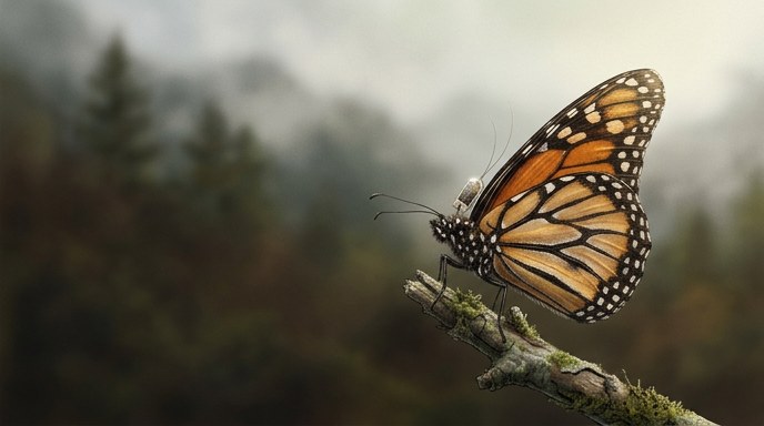 Fotografía de una mariposa monarca con un rastreador tecnológico en su torso, posada sobre una rama de árbol.