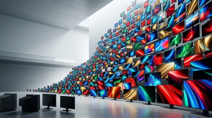 Vista de una sala de exhibición minimalista donde una multitud de pantallas OLED curvas y brillantes forman una ola ascendente, simbolizando el auge de envíos.