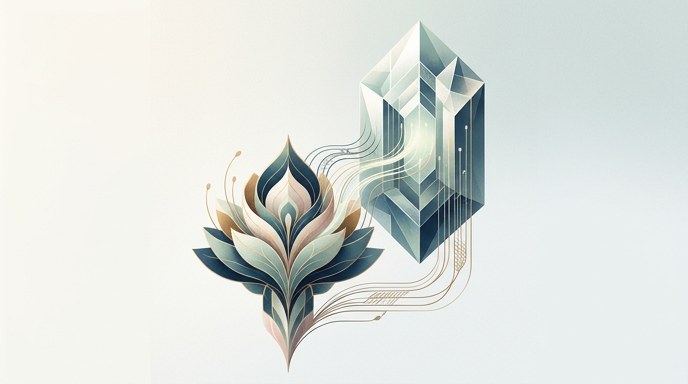 Ilustración editorial de una forma de loto azul y rosa siphoning datos de un cristal geométrico azul y blanco.