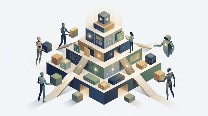 Ilustración de agentes robóticos y humanos construyendo colaborativamente una base de conocimiento compartida.