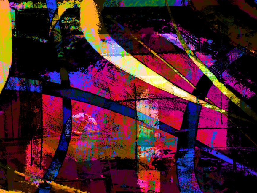 Obra de arte abstracta colorida con patrones geométricos vivos y rayas multicolores.