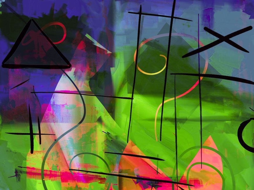Obra de arte digital abstracta colorida con formas geométricas dinámicas y tonos vibrantes.