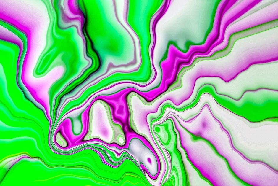 Un enérgico y colorido remolino abstracto en vívidos tonos verdes y morados, que crea un efecto visual dinámico.