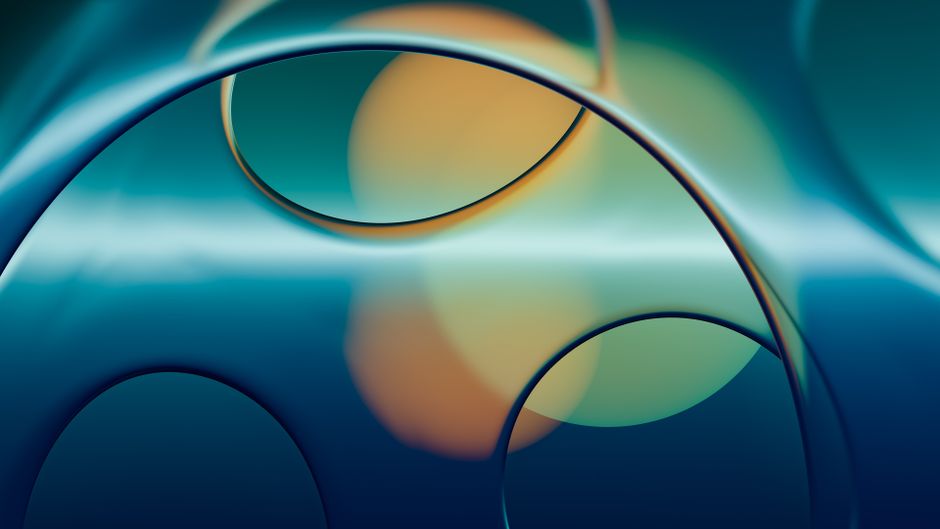 Imagen abstracta vibrante con curvas y círculos entrelazados en tonos azules y naranjas.