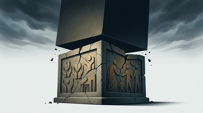 Una ilustración editorial muestra un pesado bloque oscuro triturando una base de piedra que representa la caridad.