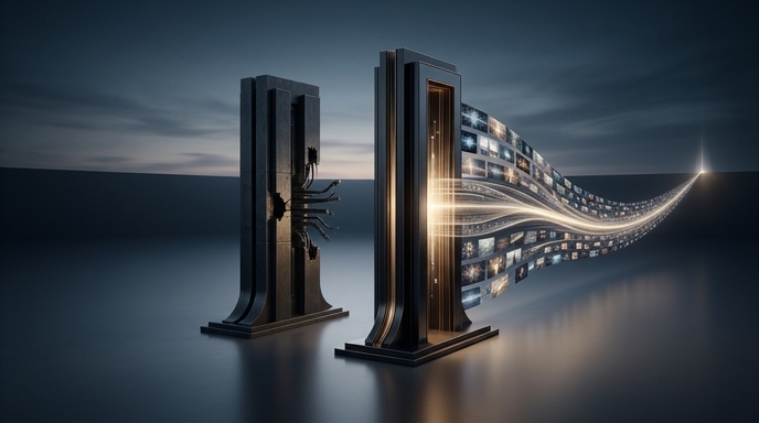 Dos monolitos negros; uno transmite un flujo de video brillante y el otro está apagado y con cables rotos.