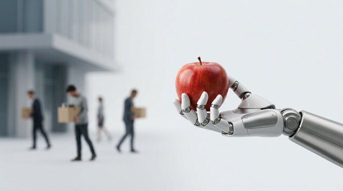 Un brazo robótico sosteniendo una manzana con empleados despedidos borrosos de fondo, que simbolizan el impacto de la IA.