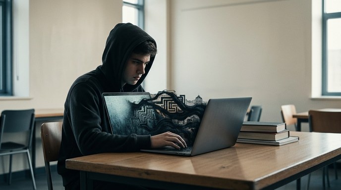 Un estudiante joven, con una sudadera con capucha, se sienta en un escritorio de madera en un aula o biblioteca escolar vacía. Está absorto en su portátil, del cual una masa densa y arremolinada de oscuridad y formas geométricas complejas emerge visualmente, como si creciera de la pantalla e invadiera el espacio real. Libros apilados descansan junto al portátil. El entorno es silencioso y sobrio, con abundante luz natural que entra por las ventanas. No hay texto ni logotipos.