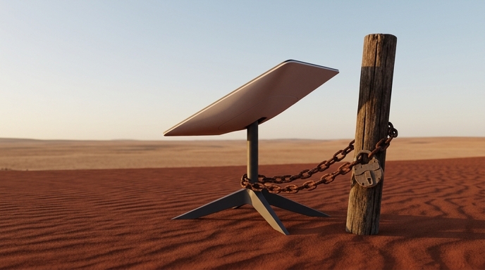 **Alt text**: Un terminal de Starlink encadenado a un poste de madera en el desierto de Namibia, simbolizando el bloqueo regulatorio.