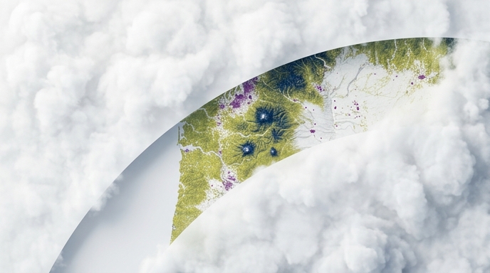 Un gráfico minimalista de una vista satelital que corta a través de las nubes para revelar la topografía montañosa.