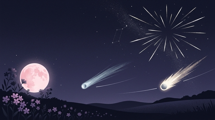 Ilustración editorial del cielo nocturno de abril mostrando una luna rosa sobre flores, dos cometas con colas y una lluvia de meteoros.