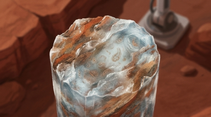 Ilustración editorial: núcleo de hielo marciano con sutiles restos fosilizados de vida microbiana antigua.